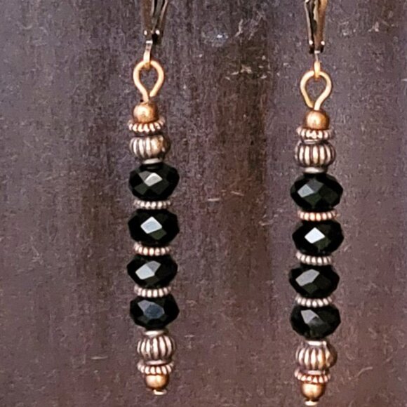 Black CRYSTAL Rondelle EARRINGS Copper Brass Lever Back Earwires Art Deco - Picture 3 of 9